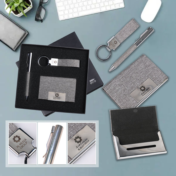 Leather Corporate Gift Set - Customize Engraving With Card Holder Set 3in1 - Karyan Art | كاريان أرت 