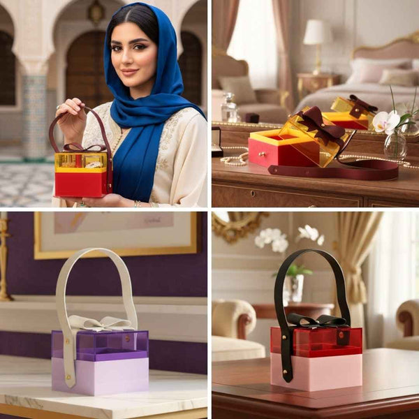 صناديق أكريليك ملونة مع مقابض جلدية